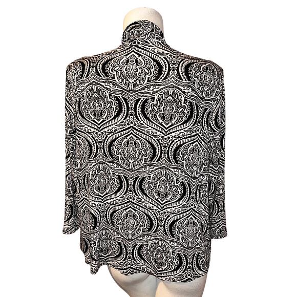 travelers CHICO'S Top Sz L (2) Black Wht Stretch Hem Tie 3/4 Slv Shirt Cover-up - Picture 6 of 7